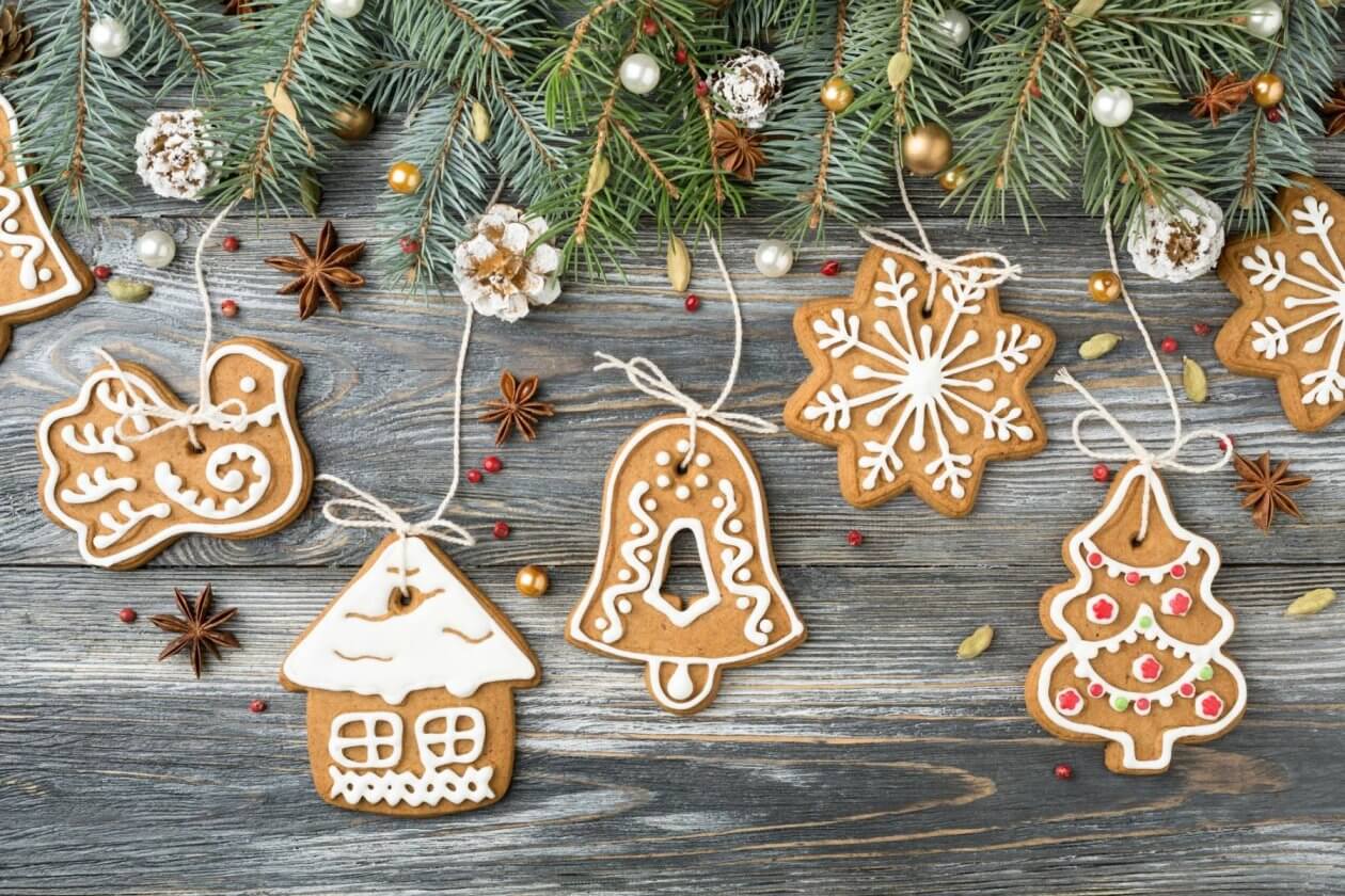 Christmas Decorations, Gingerbread Cookies and Green Spruce.