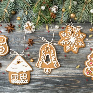 Christmas Decorations, Gingerbread Cookies and Green Spruce.